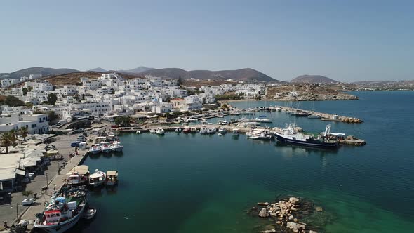 City of Naoussa on Paros island in the Cyclades in Greece seen from the sky