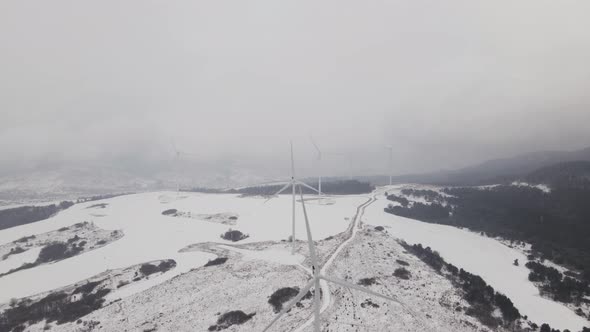 Aerial View of a Wind Farm in Winter Rotating Turbines on a Snowy Field in Ukraine