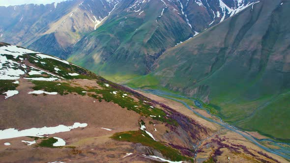 Aerial View of the Caucasus Mountains and a Valley Kazbegi Georgia