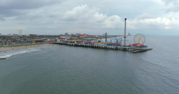 Aerial view of Pier off the coastal area of Galveston Island Texas