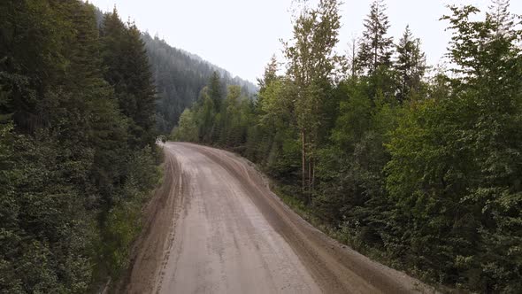 Silver car driving into a vast boreal forest in British Columbia that is covered with smoke from wil