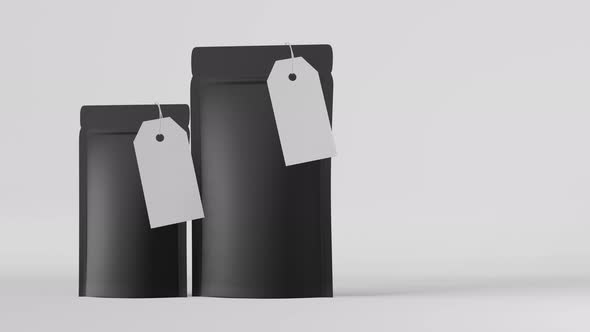 Black pouch bag branding template price tag mockup white background 3D animation Merchandise package
