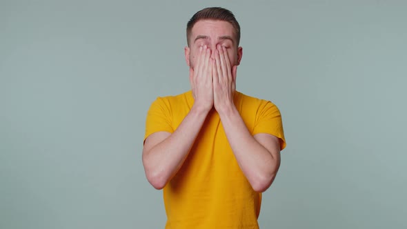 Scared Fearful Depressed Man Expresses His Fear and Waves His Hands Away From Danger Waving No