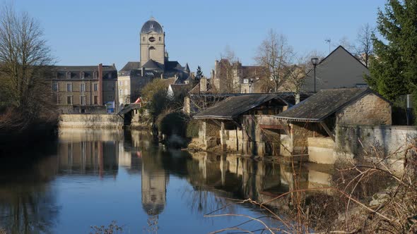 River Sarthe and French Gothic architecture building 4K 2160p UHD footage - Orne Lower Normandy Fran