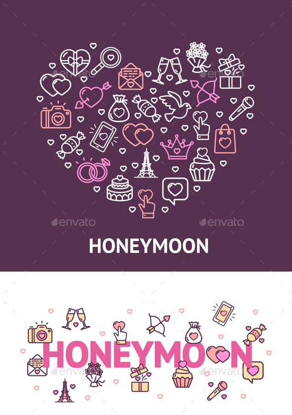 Honeymoon Concept with Thin Line Icons Vector