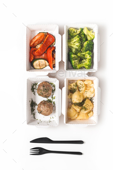 taurant, set of healthy food and balanced diet. Top view, flat lay