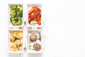 taurant, set of healthy food and balanced diet. Top view, flat lay