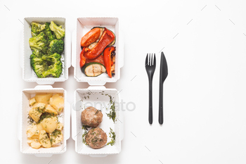 taurant, set of healthy food and balanced diet. Top view, flat lay
