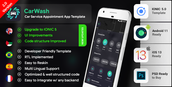 CarWash Android + Car Service Appointment Booking iOS App Template| CarBath (HTML+CSS files IONIC 5)