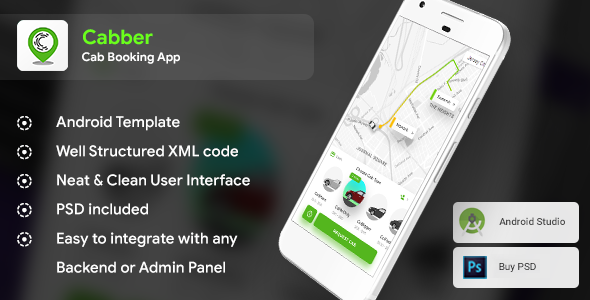 Rezerwacja kabiny Aplikacja natywna dla systemu Android dla pasażera i kierowcy (kod XML) | Cabber