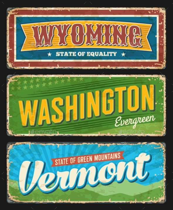 Wyoming Washington and Vermont USA States Plates