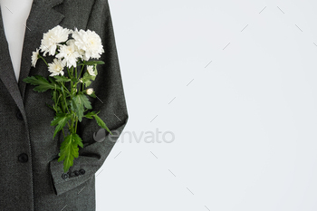 , ecology, sustainability, responsible fashion, 100 cotton. Formal Bio fabric suit with green plants on light background