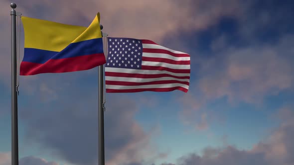 Colombia Flag Waving Along With The National Flag Of The USA - 2K