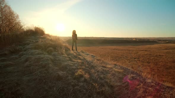 Autumn Landscape, Woman Traveler Having Fun at Sunrise