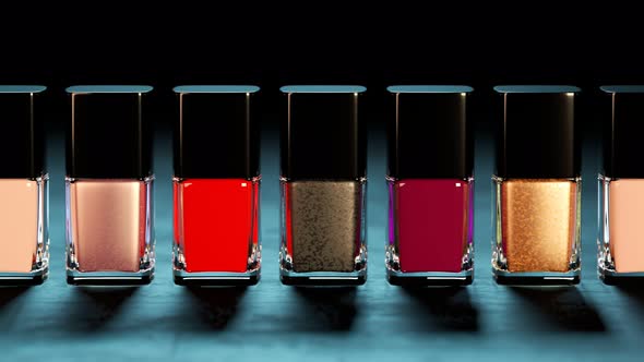 Elegant nail polish bottles with vibrant colors in seamless animation. 4K HD