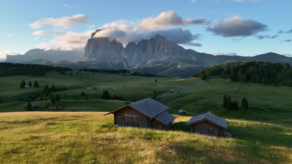 Sunrise on the Seiser Alm in the Dolomites mountains