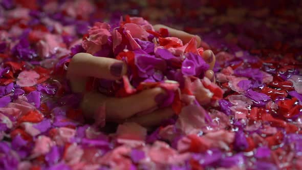 Slowmotion Shot of a Beautiful Young Woman Taking a Floral Bath in a Tropical Spa