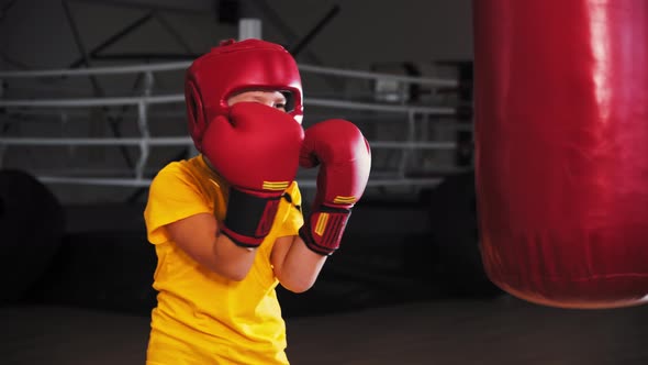 Little Boy Boxer Hitting a Big Punching Bag on Training