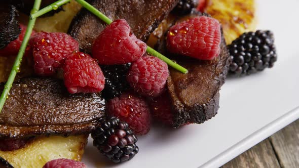 Rotating - Smoked Duck Bacon with Grilled Pineapple, Raspberries, Blackberries and Honey