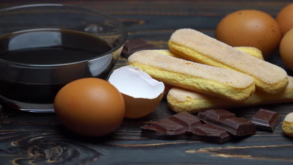 Ingredients for Cooking Tiramisu - Savoiardi Biscuit Cookies, Mascarpone, Cream, Sugar, Cocoa