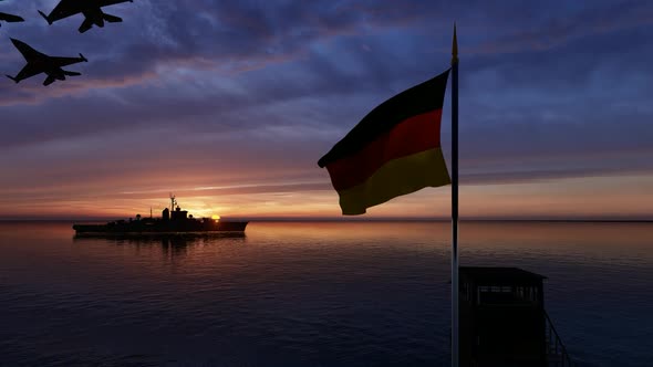 Waving German Flag Warship and Passing Warplanes