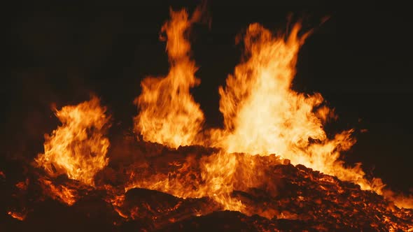 Close-up of Real Flame of a Huge Fire the Camera Approaches Very Close To the Center of the Fire and