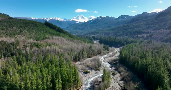 Aerial View Flying Above Nooksak River Old Growth Forest Whatcom County Glacier Washington Usa