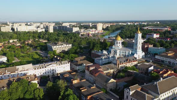 The Sumy City Center Dictrict Ukraine Aerial Evening View