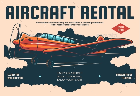 Aircraft Rental Retro Poster Plane Pilot Training