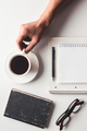 Remote place of work with men hand, keyboard, coffee cup - PhotoDune Item for Sale