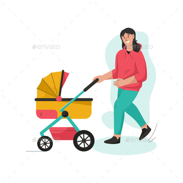 Young Mother Walking with Newborn Baby in Stroller