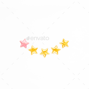  five 5 stars, best excellent services rating for satisfaction isolated on white background. Top view, copy space for your text