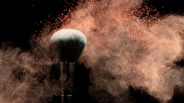 Super Slow Motion Closeup Shot of Makeup Powder Falling From Facial Brush at 1000Fps.