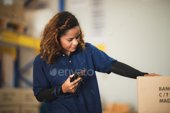 warehouse worker using bar code scanner to analyze newly arrived goods for further placement / Photodune, Misc