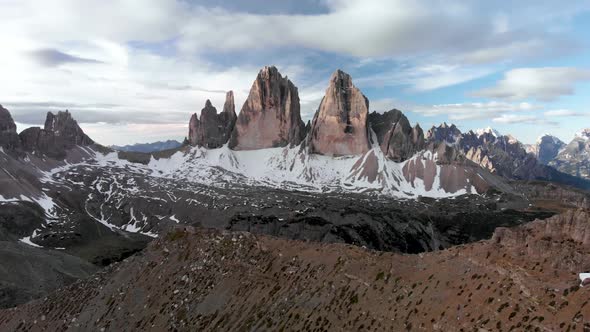 Aerial Flying Over Tre Cime di Lavaredo Mountain in Dolomites Alps Italy