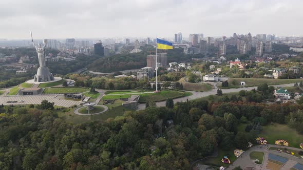 Kyiv, Ukraine Aerial View in Autumn : Ukrainian Flag. Kiev