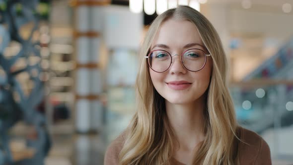 Head Shot Happy Portrait Caucasian Girl in Glasses Young Woman Satisfied with Ophthalmology Services