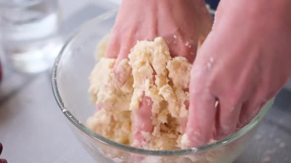 Apple Pie Preparation Series  Kneading and Mixing Flour in a Glass Bowl in Slow Motion