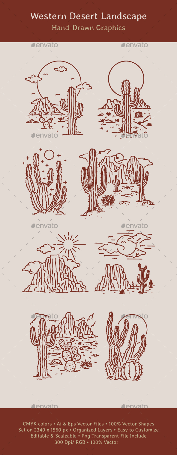 Western Desert Landscape Lineart