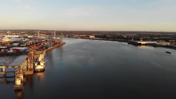 Aerial view of Thames Estuary at sunset by the Tilbury Docks