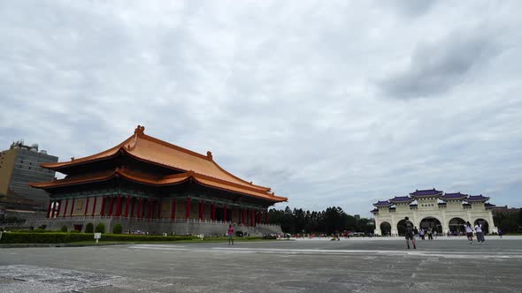 panning shot of National Theater Hall and Liberty Square main gate of Chiang Kai-Shek Memorial Hall
