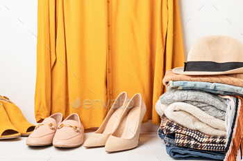 riendly sustainable shopping, thrifting shop concept. Woman outfit.