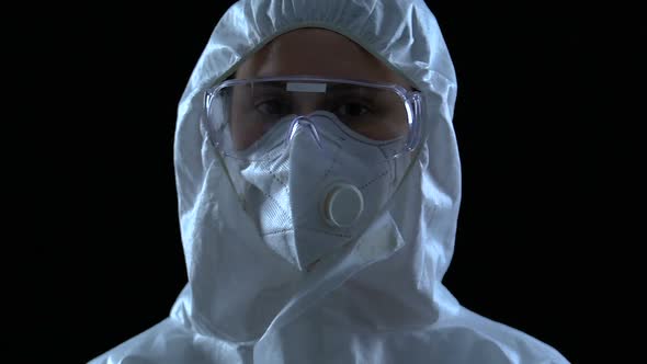 Researcher in Protective Uniform Shaking Head Prohibiting Access Viral Pollution