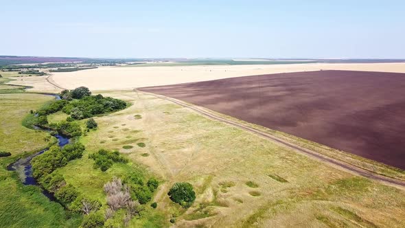 Aerial View. Scenic Countryside with the River, Green Trees, Agricultural Fields