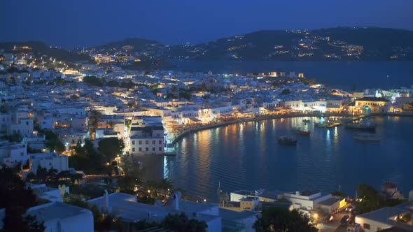 Mykonos Island Port with Boats in the Night, Cyclades Islands, Greece