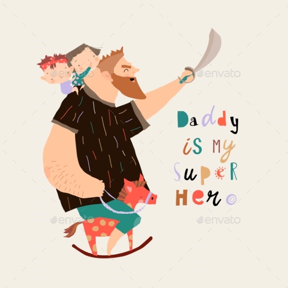 Funny Cartoon Father Riding on Wood Horse with