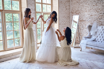 women adjusting a wedding dress on a beautiful bride