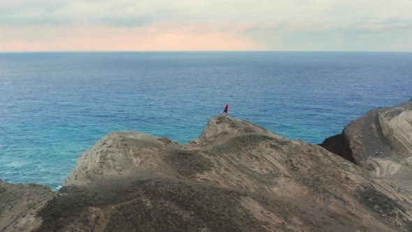 Male Hiker Standing on Top of Mountain at Faial Island Azores Portugal Europe