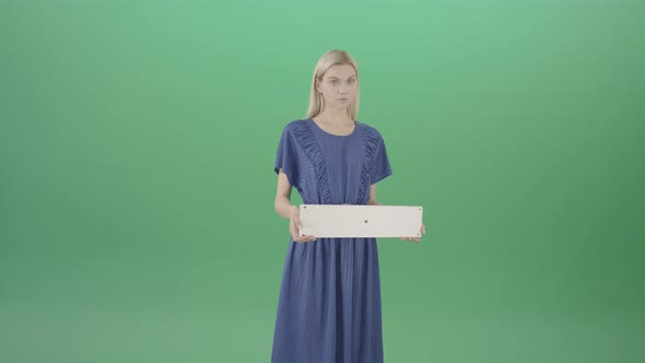 Housewife In Blue Dress And With Text Plane Mockup Posing Isolated On Green Screen  