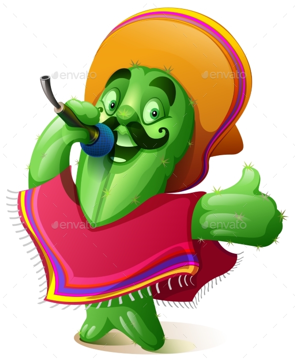 Green Cactus in Traditional Mexican Clothes Poncho